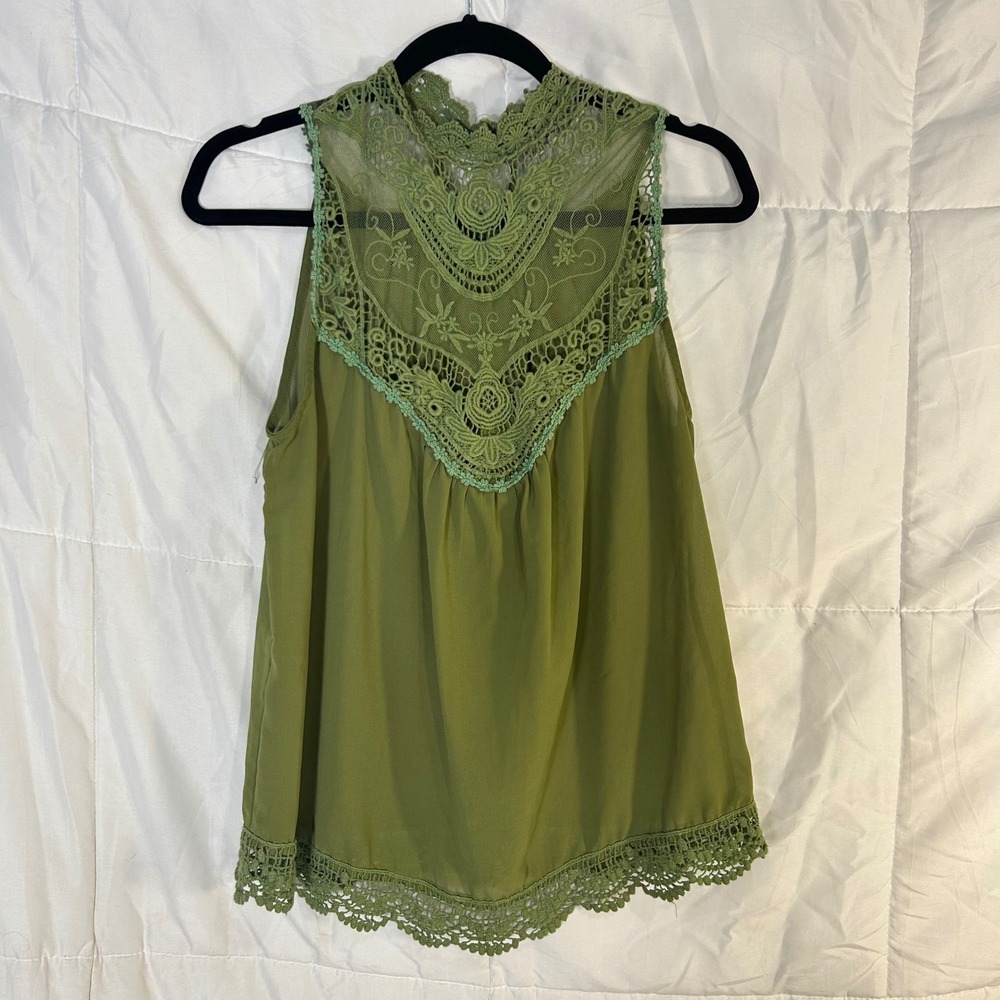 Callie Mac Mock Neck Lace Trim Sleeveless Olive Green Top Women